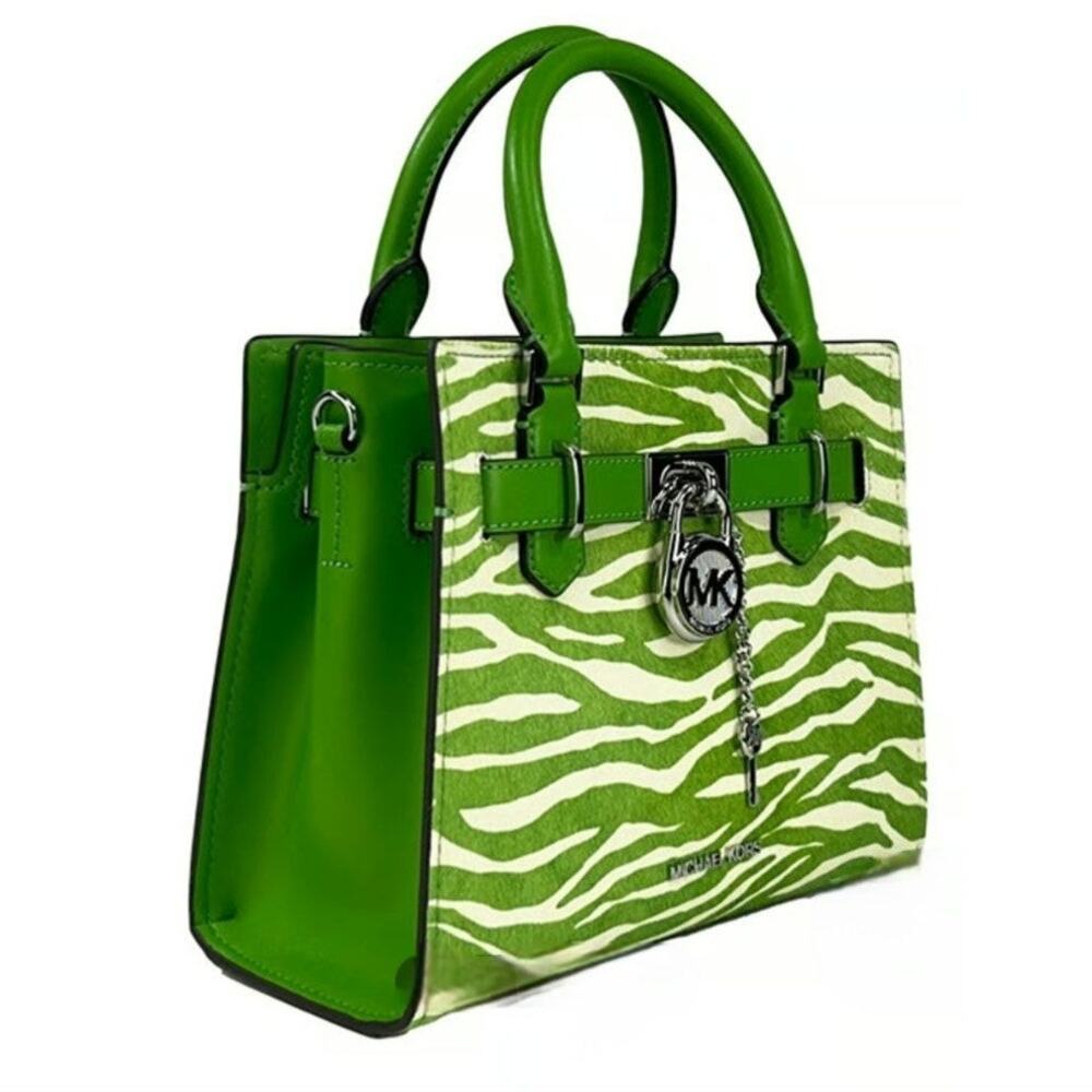 Michael Kors NWT Hamilton Zebra print Calf Hair Satchel Small green White